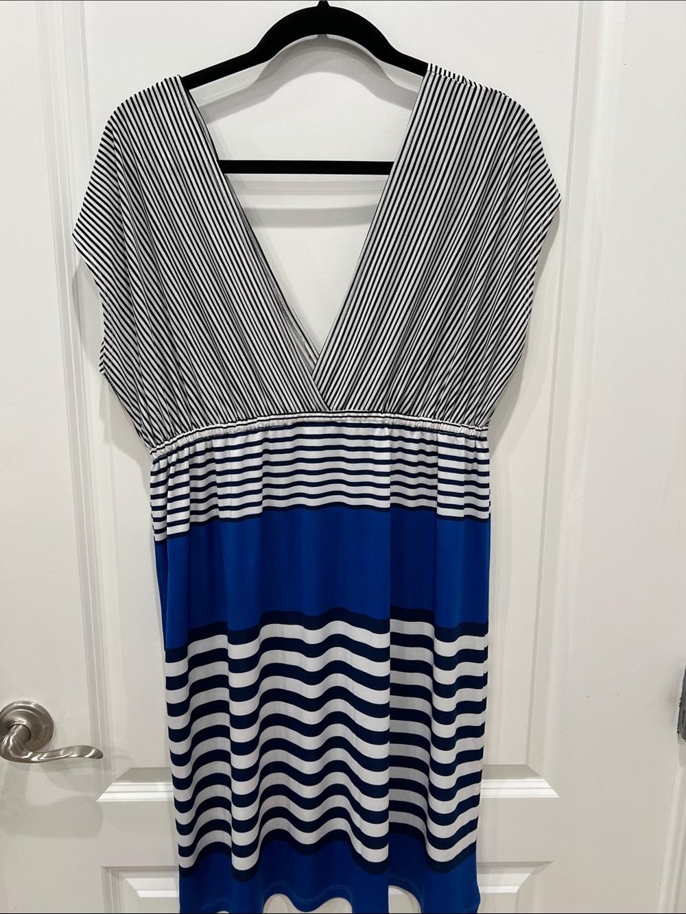 Navy & White Striped V-Neck Midi Dress with Royal Blue Band